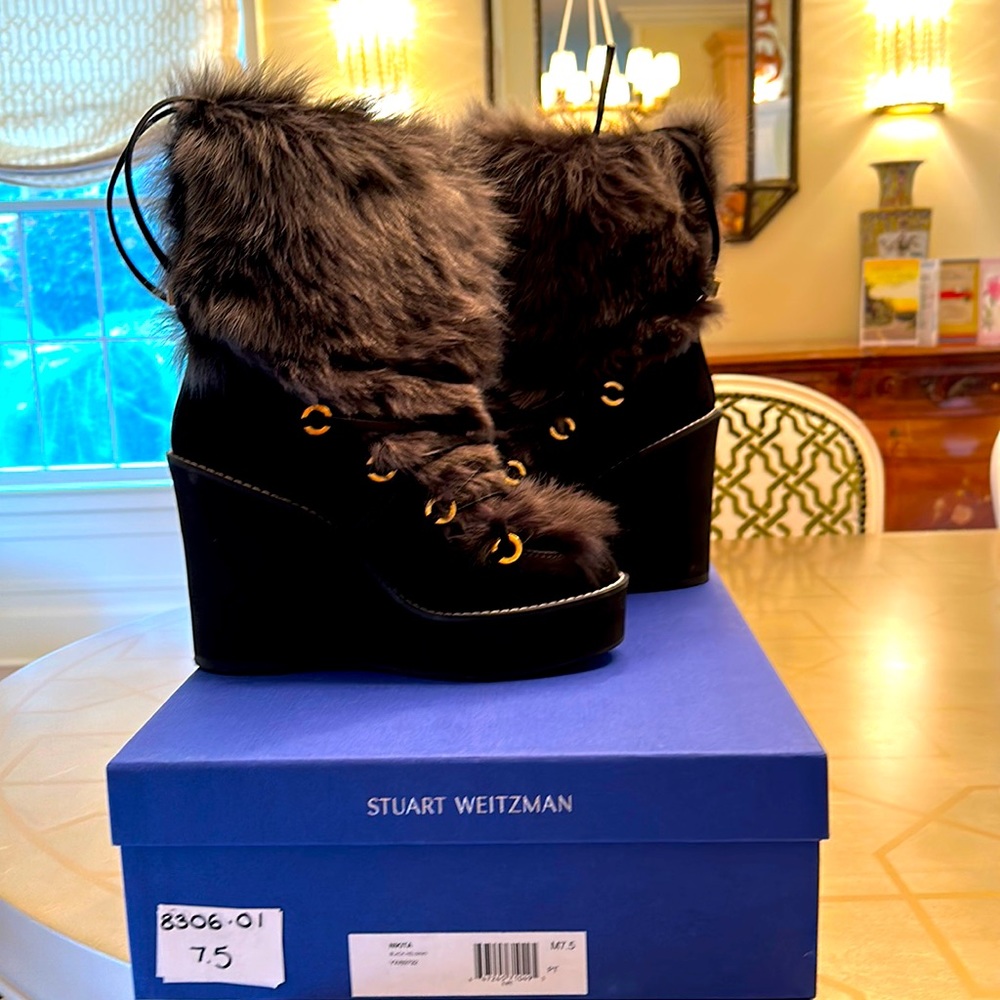 Black suede and faux fur wedge heeled winter boots.